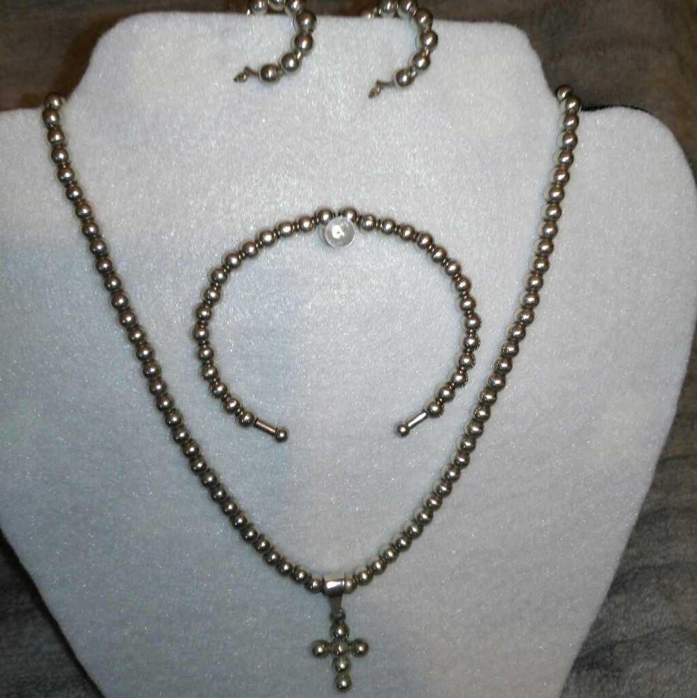 Premier Sterling Silver Necklace with Cross Pendant, Earrings, & Bracelet